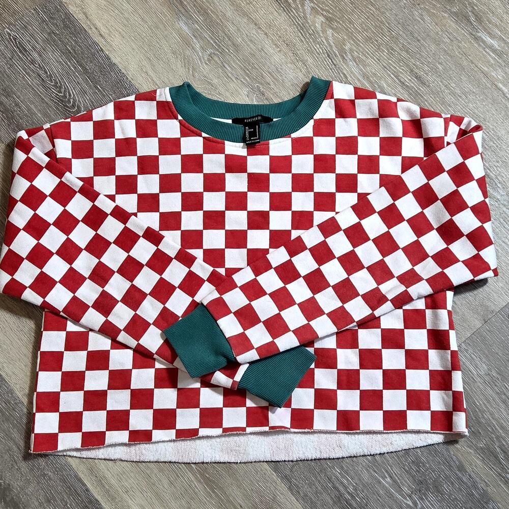 Forever 21 Sweatshirt Womens Small Red Checkered Excellent Cropped Pullover Crew